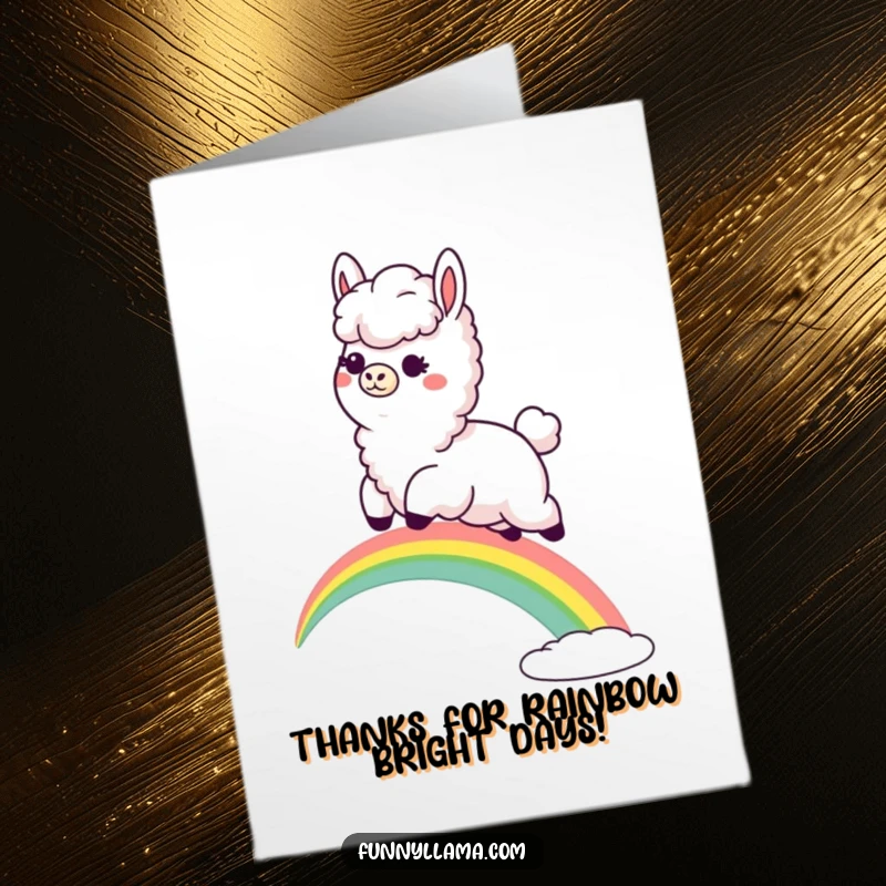 Funny Free Printable Llama Thank You Card: Fluffy llama leaps over a rainbow with a goofy grin, a humorous way to say thanks.