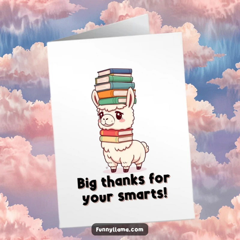 Funny Free Printable Thank You Card: A determined llama attempting to balance a large stack of books on its head, looking quite focused.