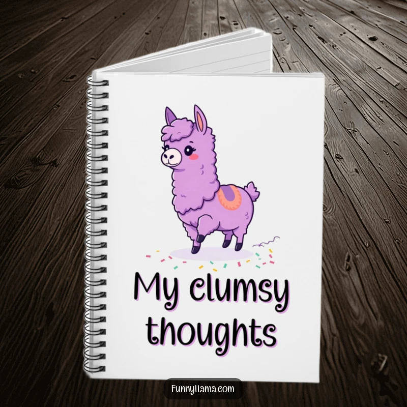Funny Tripping Llama Notebook with a purple llama tripping and colorful confetti trailing, perfect for jotting down funny thoughts.