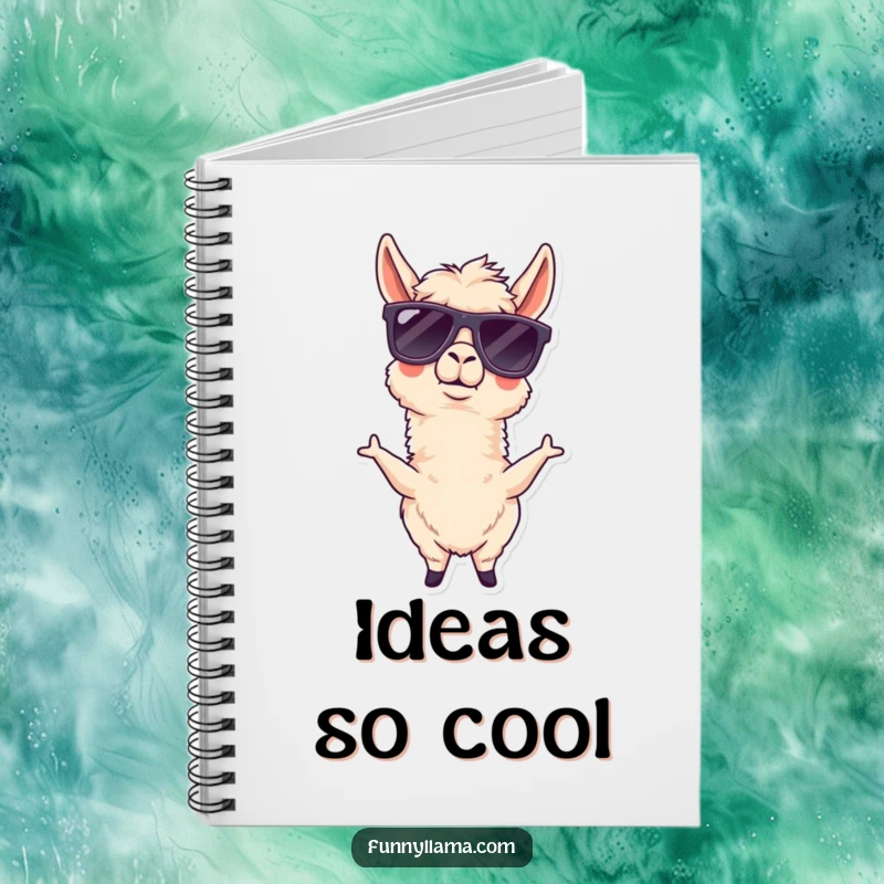 Funny llama notebook featuring a goofy llama with oversized sunglasses, ideal for jotting down funny notes and ideas.