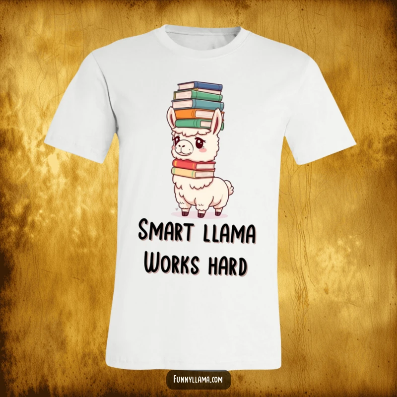 Funny Determined Llama T-Shirt featuring a llama trying to balance a tall stack of oversized books on its head, looking intently focused.