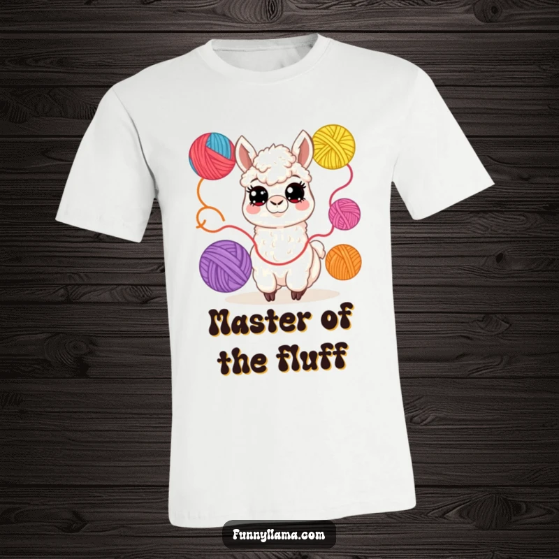 Funny Llama T-Shirt: A cheerful llama with wide eyes juggles colorful yarn balls, perfect for craft enthusiasts and animal lovers.