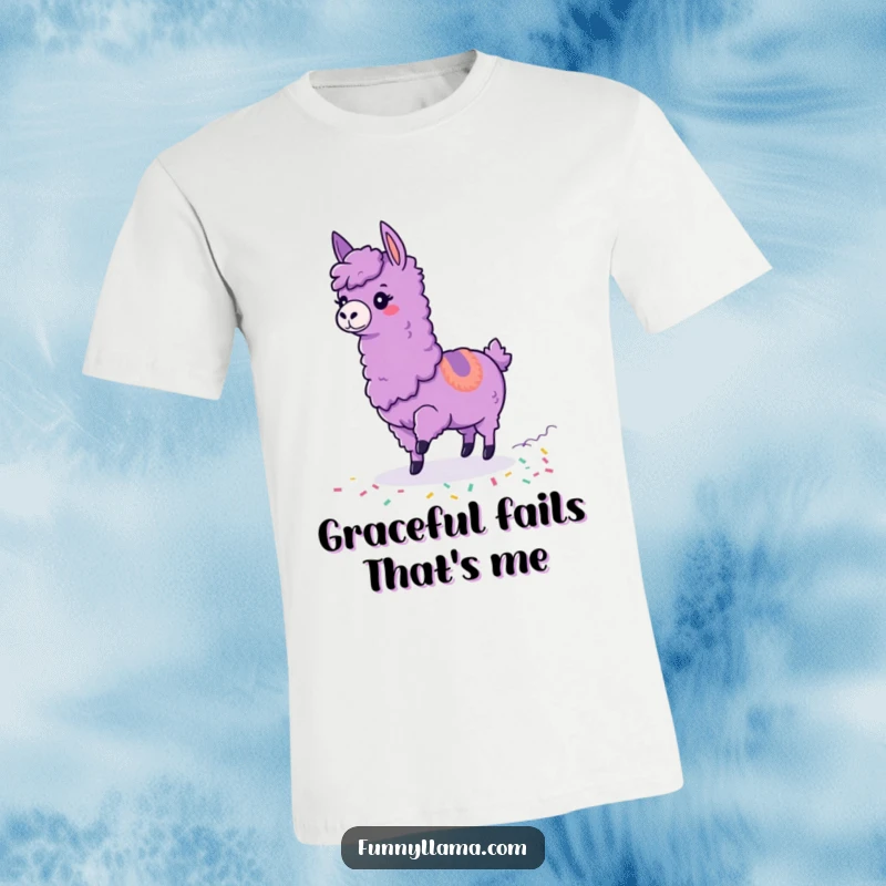 Funny Tripping Llama T-Shirt with a purple llama tripping over its feet, leaving a trail of colorful confetti, a scene of comical chaos.