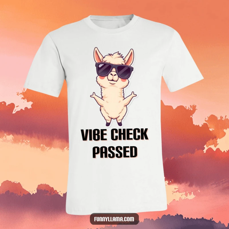 Funny goofy llama t-shirt featuring a cool llama wearing oversized sunglasses in a hilarious pose, emphasizing fun.