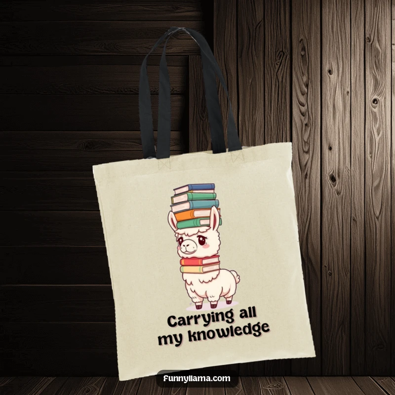 Funny Determined Llama Tote Bag featuring a llama focused on balancing a stack of oversized books, ideal for carrying library books.
