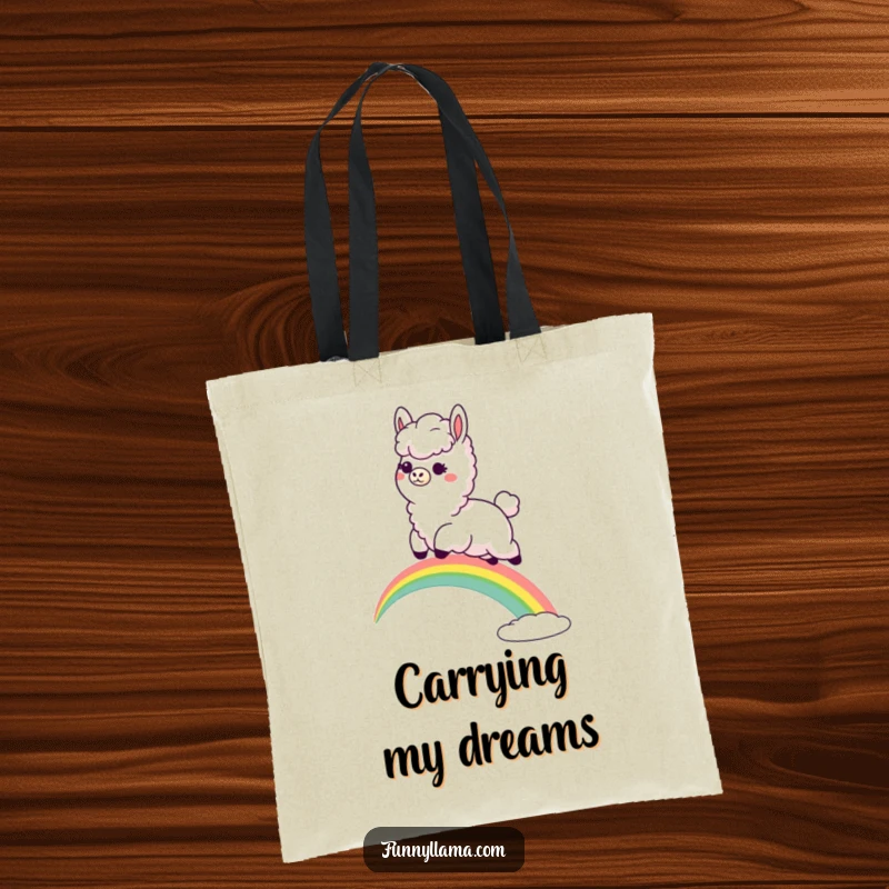 Funny Llama Tote Bag: A whimsical tote featuring a fluffy llama leaping goofily over a rainbow, perfect for everyday joy.