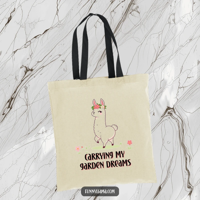Funny Llama Tote Bag: A whimsical tote featuring a stylized llama with a flower crown twirling excitedly in a meadow.