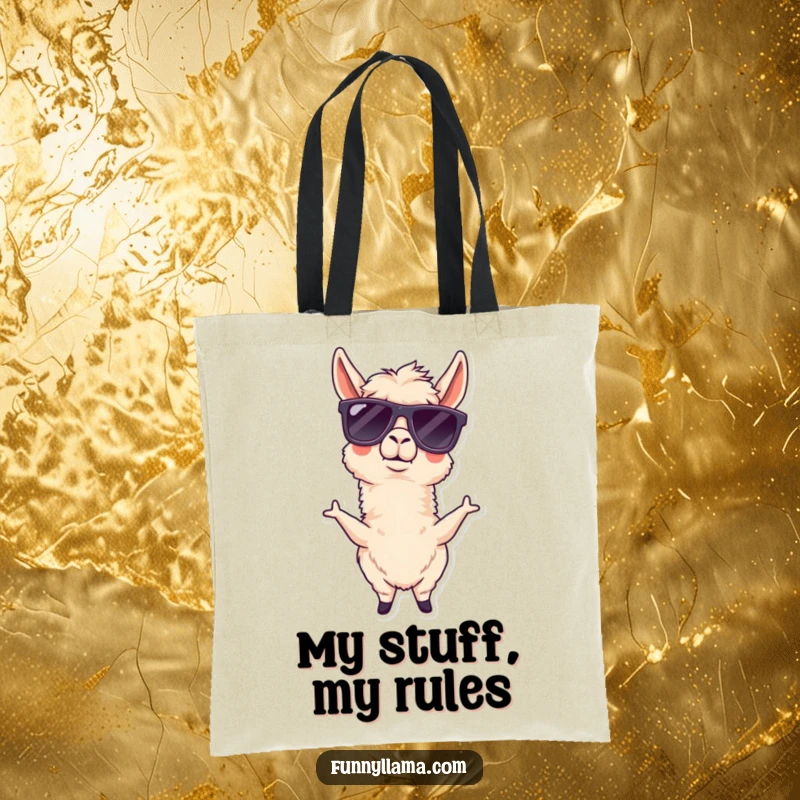 Funny tote bag with a goofy llama rocking oversized sunglasses, perfect for stylish and humorous everyday use.