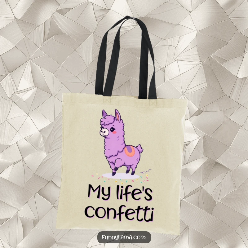 Funny Tripping Llama Tote Bag with a purple llama tripping, surrounded by colorful confetti, perfect for carrying essentials humorously.
