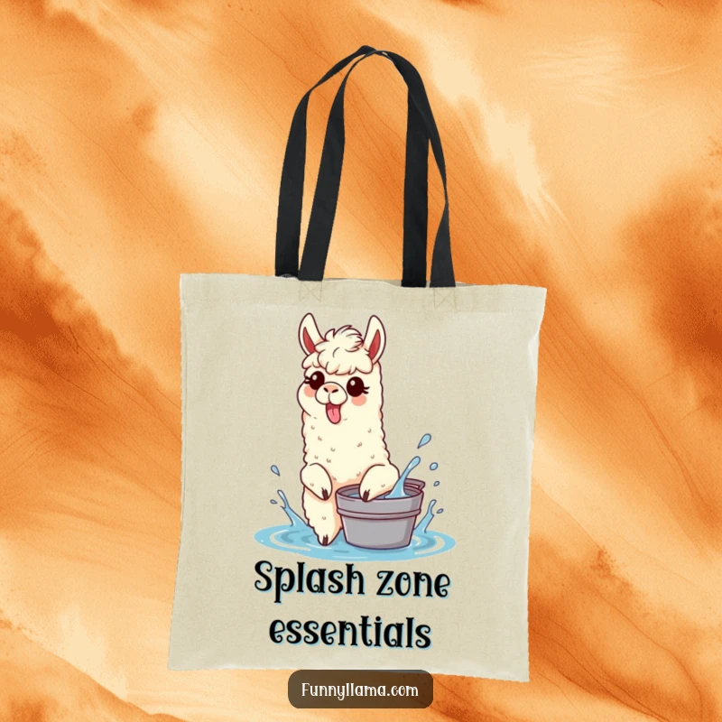 Funny Splashing Llama Tote Bag with a llama sticking its tongue out, playfully splashing water, excellent for beach or pool trips.